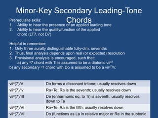 Minor-Key Secondary Leading-Tone ChordsPrerequisite skills:1. 	Ability to hear the presence of an applied leading tone2. 	Ability to hear the quality/function of the applied 	chord (LT7, not D7)Helpful to remember:1.  Only three aurally distinguishable fully-dim. sevenths2.  Thus, final analysis depends upon real (or expected) resolution3.  Provisional analysis is encouraged, such that:	a) any o7 chord with Ti is assumed to be a diatonic viio7b) any secondary o7 chord with Do is assumed to be a viio7/V. 