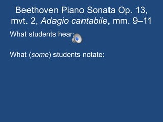 Beethoven Piano Sonata Op. 13, mvt. 2, Adagio cantabile, mm. 9–11What students hear:What (some) students notate:
