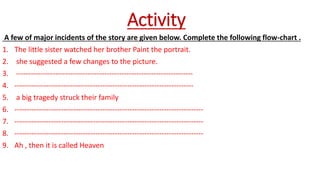 Activity
A few of major incidents of the story are given below. Complete the following flow-chart .
1. The little sister watched her brother Paint the portrait.
2. she suggested a few changes to the picture.
3. ------------------------------------------------------------------------
4. -------------------------------------------------------------------------
5. a big tragedy struck their family
6. -----------------------------------------------------------------------------
7. -----------------------------------------------------------------------------
8. -----------------------------------------------------------------------------
9. Ah , then it is called Heaven
 