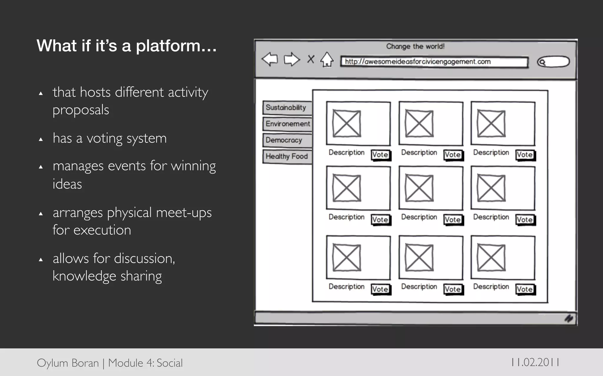 What if it’s a platform…!

▴    that hosts different activity
     proposals	

▴    has a voting system	

▴    manages events for winning
     ideas	

▴    arranges physical meet-ups
     for execution	

▴    allows for discussion,
     knowledge sharing	





Oylum Boran | Module 4: Social	

    11.02.2011	

 