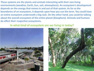 These systems are the plants and animals interacting with their non-living
environments (weather, Earth, Sun, soil, atmosphere). An ecosystem's development
depends on the energy that moves in and out of that system. As far as the
boundaries of an ecosystem, it depends upon how you use the term. You could have
an entire ecosystem underneath a big rock. On the other hand, you could be talking
about the overall ecosystem of the entire planet (biosphere). Animals and humans
do affect their respective ecosystems.
In what kind of ecosystem are we living in today?
 