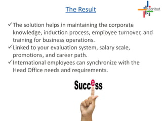 The solution helps in maintaining the corporate
knowledge, induction process, employee turnover, and
training for business operations.
Linked to your evaluation system, salary scale,
promotions, and career path.
International employees can synchronize with the
Head Office needs and requirements.
The Result
 