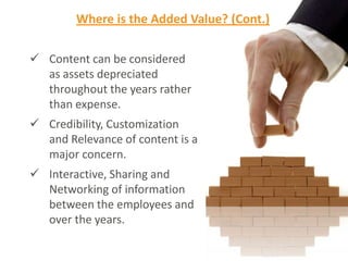  Content can be considered
as assets depreciated
throughout the years rather
than expense.
 Credibility, Customization
and Relevance of content is a
major concern.
 Interactive, Sharing and
Networking of information
between the employees and
over the years.
Where is the Added Value? (Cont.)
 