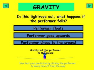 GRAVITY
In this tightrope act, what happens if
        the performer falls?

             Performer floats

       Performer goes upwards
  Performer drops to the ground
          Gravity pull the performer
                to the ground



 Now test your prediction by clicking the performer
          to knock him off from the rope
 