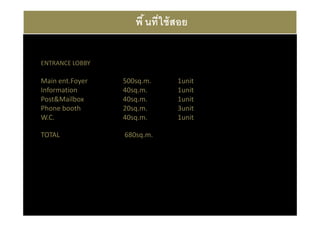 พื นที ใช้ สอย

ENTRANCE LOBBY

Main ent.Foyer   500sq.m.      1unit
Information      40sq.m.       1unit
Post&Mailbox     40sq.m.       1unit
Phone booth      20sq.m.       3unit
W.C.             40sq.m.       1unit

TOTAL            680sq.m.
 