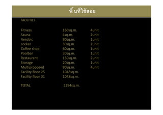 พื นที ใช้ สอย
FACILITIES

Fitness             160sq.m.      4unit
Sauna               4sq.m.        2unit
Aerobic             80sq.m.       1unit
Locker              30sq.m.       2unit
Coffee shop         60sq.m.       1unit
Poolbar             30sq.m.       1unit
Restaurant          150sq.m.      2unit
Storage             20sq.m.       1unit
Multiproposed       80sq.m.       4unit
Facility floor 25   1048sq.m.
Facility floor 31   1048sq.m.

TOTAL               3294sq.m.
 