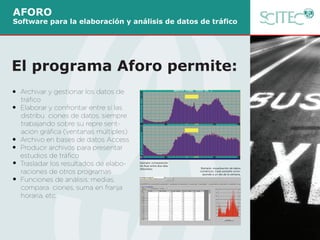 AFORO
Software para la elaboración y análisis de datos de tráfico
Archivar y gestionar los datos de
tráﬁco
Elaborar y confrontar entre sí las
distribu ciones de datos, siempre
trabajando sobre su repre sent-
ación gráﬁca (ventanas múltiples)
Archivo en bases de datos Access
Producir archivos para presentar
estudios de tráﬁco
Trasladar los resultados de elabo-
raciones de otros programas
Funciones de análisis: medias,
compara ciones, suma en franja
horaria, etc.
Ejemplo: comparación
de ﬂujo entre dos días
diferentes
El programa Aforo permite:
Ejemplo: visualización de datos
numéricos. Cada pestaña corre-
sponde a un día de la semana.
 