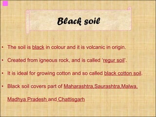 The soil is  black  in colour and it is volcanic in origin. Created from igneous rock, and is called ‘ regur soil ’. It is ideal for growing cotton and so called  black cotton soil . Black soil covers part of  Maharashtra,Saurashtra,Malwa, Madhya Pradesh  and  Chattisgarh Black soil 