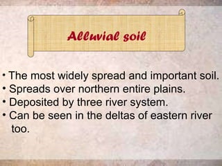 Alluvial soil The most widely spread and important soil. Spreads over northern entire plains. Deposited by three river system. Can be seen in the deltas of eastern river  too. 