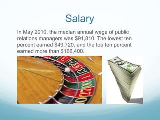 Salary
In May 2010, the median annual wage of public
relations managers was $91,810. The lowest ten
percent earned $49,720, and the top ten percent
earned more than $166,400.
 