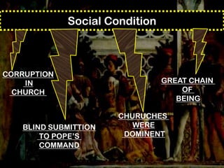 Social Condition



CORRUPTION
    IN                          GREAT CHAIN
  CHURCH                            OF
                                   BEING

                      CHURUCHES
   BLIND SUBMITTION      WERE
       TO POPE’S       DOMINENT
       COMMAND
 