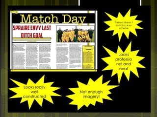 The red doesn’t
match colour
scheme

Looks
professio
nal and
neat

j

Looks really
well
constructed

Not enough
imagery!

 