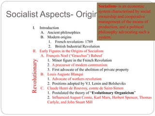 Socialism- is an economic 
system characterised by social 
ownership and cooperative 
management of the means of 
production, and a political 
philosophy advocating such a 
system. 
Socialist Aspects- Origins 
I. Introduction 
A. Ancient philosophies 
B. Modern origins 
1. French revolution- 1789 
2. British Industrial Revolution 
II. Early Figures in the Origins of Socialism 
A. François Noel (“Gracchus”) Babeuf 
1. Minor figure in the French Revolution 
2. A precursor of modern communism 
3. First advocate of the abolition of private property 
B. Louis Auguste Blanqui 
1. Advocate of workers revolution 
2. Positions adopted by V.I. Lenin and Bolsheviks 
C. Claude Henri de Rouvroy, comte de Saint-Simon 
1. Postulated the theory of “Evolutionary Organicism” 
2. Influenced August Comte, Karl Marx, Herbert Spencer, Thomas 
Carlyle, and John Stuart Mill 
Revolutionary 
 