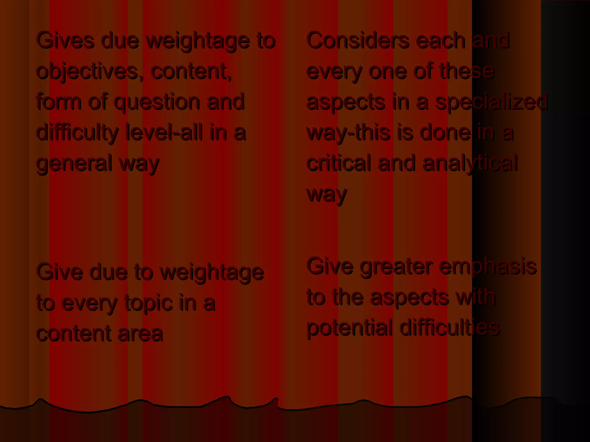 GGiivveess dduuee wweeiigghhttaaggee ttoo 
oobbjjeeccttiivveess,, ccoonntteenntt,, 
ffoorrmm ooff qquueessttiioonn aanndd 
ddiiffffiiccuullttyy lleevveell--aallll iinn aa 
ggeenneerraall wwaayy 
GGiivvee dduuee ttoo wweeiigghhttaaggee 
ttoo eevveerryy ttooppiicc iinn aa 
ccoonntteenntt aarreeaa 
CCoonnssiiddeerrss eeaacchh aanndd 
eevveerryy oonnee ooff tthheessee 
aassppeeccttss iinn aa ssppeecciiaalliizzeedd 
wwaayy--tthhiiss iiss ddoonnee iinn aa 
ccrriittiiccaall aanndd aannaallyyttiiccaall 
wwaayy 
GGiivvee ggrreeaatteerr eemmpphhaassiiss 
ttoo tthhee aassppeeccttss wwiitthh 
ppootteennttiiaall ddiiffffiiccuullttiieess 
 