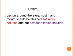 CONT…
Lesion around the eyes, nostril and
mouth should be cleaned antiseptic
solution and put povidone iodine solution.
 