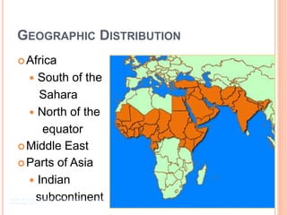 Africa
 South of the
Sahara
 North of the
equator
Middle East
Parts of Asia
 Indian
subcontinentCenter for Food Security and Public Health, Iowa State
University, 2011
GEOGRAPHIC DISTRIBUTION
 