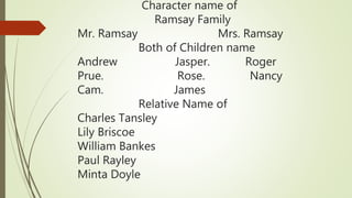 Character name of
Ramsay Family
Mr. Ramsay Mrs. Ramsay
Both of Children name
Andrew Jasper. Roger
Prue. Rose. Nancy
Cam. James
Relative Name of
Charles Tansley
Lily Briscoe
William Bankes
Paul Rayley
Minta Doyle
 