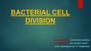 BACTERIAL CELL
DIVISION
SUBMITTED BY: SHUBHANGI KANSAL
SUBMITTED TO: DR. DHUNI CHAND
M.SC. MICROBIOLOGY 1ST SEMESTER
 