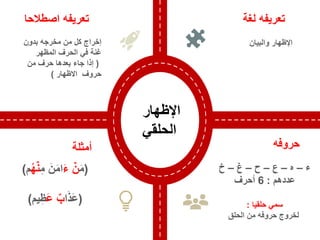 ‫اصطالحا‬ ‫تعريفه‬
‫ء‬
–
‫ه‬
–
‫ع‬
–
‫ح‬
–
‫غ‬
–
‫خ‬
‫عددهم‬
:
6
‫أحرف‬
‫حلقيا‬ ‫سمي‬
:
‫الحلق‬ ‫من‬ ‫حروفه‬ ‫لخروج‬
‫أمثلة‬
(
َ‫م‬
ۡ
‫ن‬
َ‫ء‬
‫م‬ َ‫ن‬َ‫م‬‫ا‬
‫ه‬ۡ‫ن‬
‫م‬
)
(
‫ا‬َ‫ذ‬َ‫ع‬
َ‫ع‬ ‫ب‬
‫يم‬‫ظ‬
)
‫لغة‬ ‫تعريفه‬
‫والبيان‬ ‫اإلظهار‬
‫حروفه‬
‫كل‬ ‫إخراج‬
‫مخرجه‬ ‫من‬
‫بدون‬
‫في‬ ‫غنة‬
‫الحرف‬
‫المظهر‬
(
‫من‬ ‫حرف‬ ‫بعدها‬ ‫جاء‬ ‫إذا‬
‫االظهار‬ ‫حروف‬
)
‫اإلظهار‬
‫الحلقي‬
 