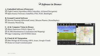 0 4 / 1 5 / 2 0 2 5
 Software in Drones
A. Embedded Software (Firmware)
 Flight Control Algorithms (PID Controllers, AI-based Navigation)
 Open-Source Firmware (ArduPilot, PX4, INAV, Betaflight)
B. Ground Control Software
 Mission Planning (QGroundControl, Mission Planner, DroneDeploy)
 Telemetry Monitoring
C. AI & Computer Vision in Drones
 Object Detection (YOLO, OpenCV)
 SLAM (Simultaneous Localization and Mapping)
 Edge Computing with NVIDIA Jetson
D. Cloud & IoT Integration
 Data Storage & Processing (AWS, Azure, Google Cloud)
 Drone-to-Cloud Communication
 