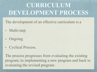 The development of an effective curriculum is a
• Multi-step
• Ongoing
• Cyclical Process.
The process progresses from evaluating the existing
program, to implementing a new program and back to
evaluating the revised program.
 