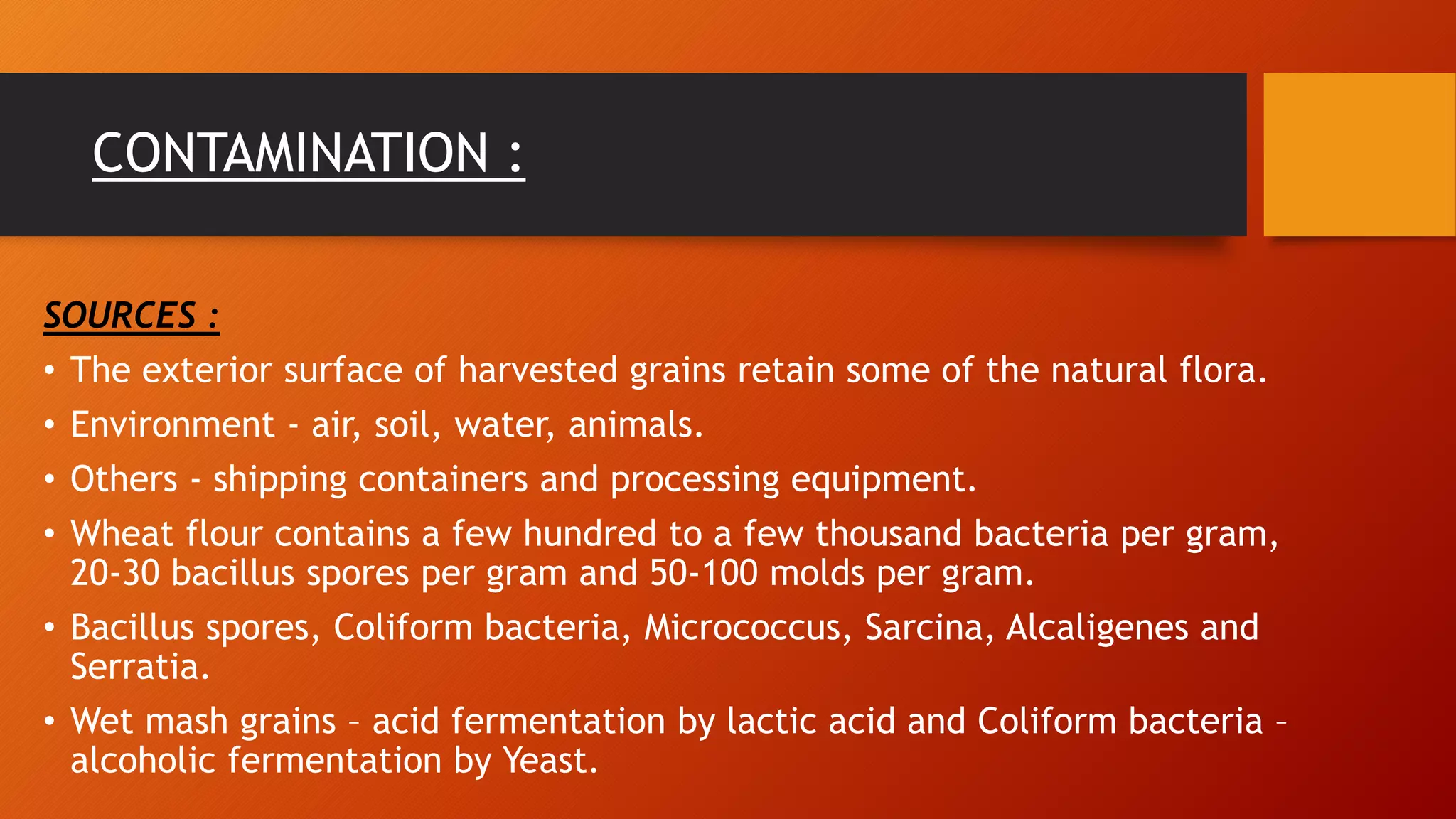 CONTAMINATION :
SOURCES :
• The exterior surface of harvested grains retain some of the natural flora.
• Environment - air, soil, water, animals.
• Others - shipping containers and processing equipment.
• Wheat flour contains a few hundred to a few thousand bacteria per gram,
20-30 bacillus spores per gram and 50-100 molds per gram.
• Bacillus spores, Coliform bacteria, Micrococcus, Sarcina, Alcaligenes and
Serratia.
• Wet mash grains – acid fermentation by lactic acid and Coliform bacteria –
alcoholic fermentation by Yeast.
 