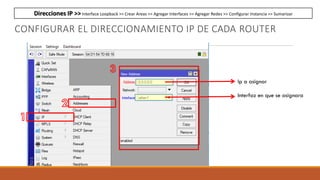 CONFIGURAR EL DIRECCIONAMIENTO IP DE CADA ROUTER
Ip a asignar
Interfaz en que se asignara
Direcciones IP >> Interface Loopback >> Crear Areas >> Agregar Interfaces >> Agregar Redes >> Configurar Instancia >> Sumarizar
 