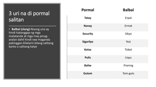 3 uri na di pormal
salitan
• Balbal (slang)-Noong una ay
hindi tiatanggap ng mga
matatanda at mga may pinag-
aralan dahil hindi raw maganda
pakinggan.Kilalarin bilang salitang
kanto o salitang kalye
Pormal Balbal
Tatay Erpat
Nanay Ermat
Security Sikyo
Sigarilyo Yosi
Kotse Tsikot
Pulis Lispu
Baliw Praning
Gutom Tom-guts
 