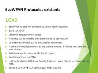 LOAD
 6LoWPAN Ad-Hoc On-demand Distance Vector Routing
 Basé sur AODV
 utilise le routage mesh-under
 N’utilise pas le numéro de séquence de la destination
 Le RREP est envoyé par la destination seulement.
 Il crée une topologie mesh au deuxième niveau , l’IPV6 le voit comme un
seul réseau.
 Maintenance de route locale (local repair).
 Implémenté sur les FFDs.
 Utilise le champ LQI (Link Quality Indictor ) pour choisir le chemin le plus
fort.
 Envoi d’un ACK  LLN (Link Layer Notification)
16
6LoWPAN Protocoles existants
 