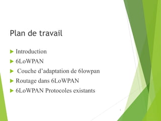 Plan de travail
 Introduction
 6LoWPAN
 Couche d’adaptation de 6lowpan
 Routage dans 6LoWPAN
 6LoWPAN Protocoles existants
2
 