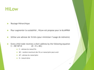 HiLow
 Routage Hiérarchique
 Pour augmenter la scalabilité , HiLow est propose pour le 6LoWPAN
 Utilise une adresse de 16 bits (pour minimiser l’usage de mémoire)
 Every child node receives a short address by the following equation
C = MC*AP+N (0 < N ≤ MC)
 C : adresse du noeud fils
 MC : nombre maximum des fils un noeud père peut avoir
 AP : adresse du noeud père
 N : noeud nème
20
 