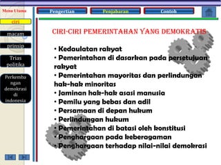 Menu Utama

Pengertian

Penjabaran

Contoh

ciri
macam
prinsip
Trias
politika
Perkemba
ngan
demokrasi
di
indonesia

CIRI-CIRI PEMERINTAHAN YANG DEMOKRATIS
• Kedaulatan rakyat
• Pemerintahan di dasarkan pada persetujuan
rakyat
• Pemerintahan mayoritas dan perlindungan
hak-hak minoritas
• Jaminan hak-hak asasi manusia
• Pemilu yang bebas dan adil
• Persamaan di depan hukum
• Perlindungan hukum
• Pemerintahan di batasi oleh konstitusi
• Penghargaan pada keberagaman
• Penghargaan terhadap nilai-nilai demokrasi

 