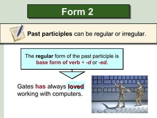 Form 2Form 2
Past participles can be regularregular or irregularirregular.
Gates has always lovedloved
working with computers.
The regular form of the past participle is
base form of verb + -d or -ed.
The regular form of the past participle is
base form of verb + -d or -ed.
 