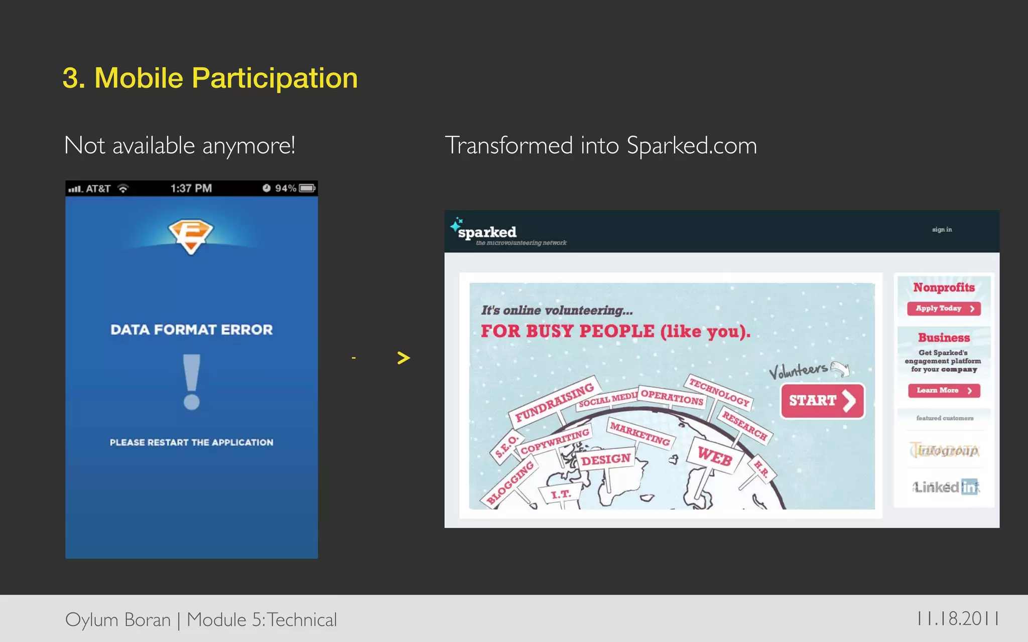 3. Mobile Participation!

Not available anymore!	

              Transformed into Sparked.com	





Oylum Boran | Module 5: Technical	

                                     11.18.2011	

 