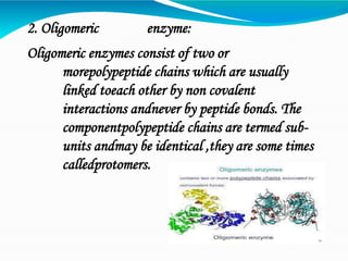 2. Oligomeric enzyme:
Oligomeric enzymes consist of two or
morepolypeptide chains which are usually
linked toeach other by non covalent
interactions andnever by peptide bonds. The
componentpolypeptide chains are termed sub-
units andmay be identical ,they are some times
calledprotomers.
 