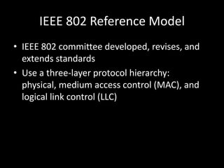 IEEE 802 Reference ModelIEEE 802 committee developed, revises, and extends standardsUse a three-layer protocol hierarchy: physical, medium access control (MAC), and logical link control (LLC)