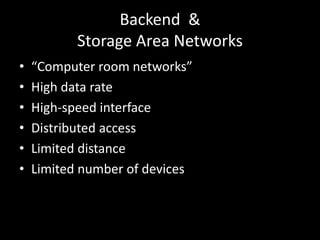 Backend  & Storage Area Networks“Computer room networks”High data rateHigh-speed interfaceDistributed accessLimited distanceLimited number of devices