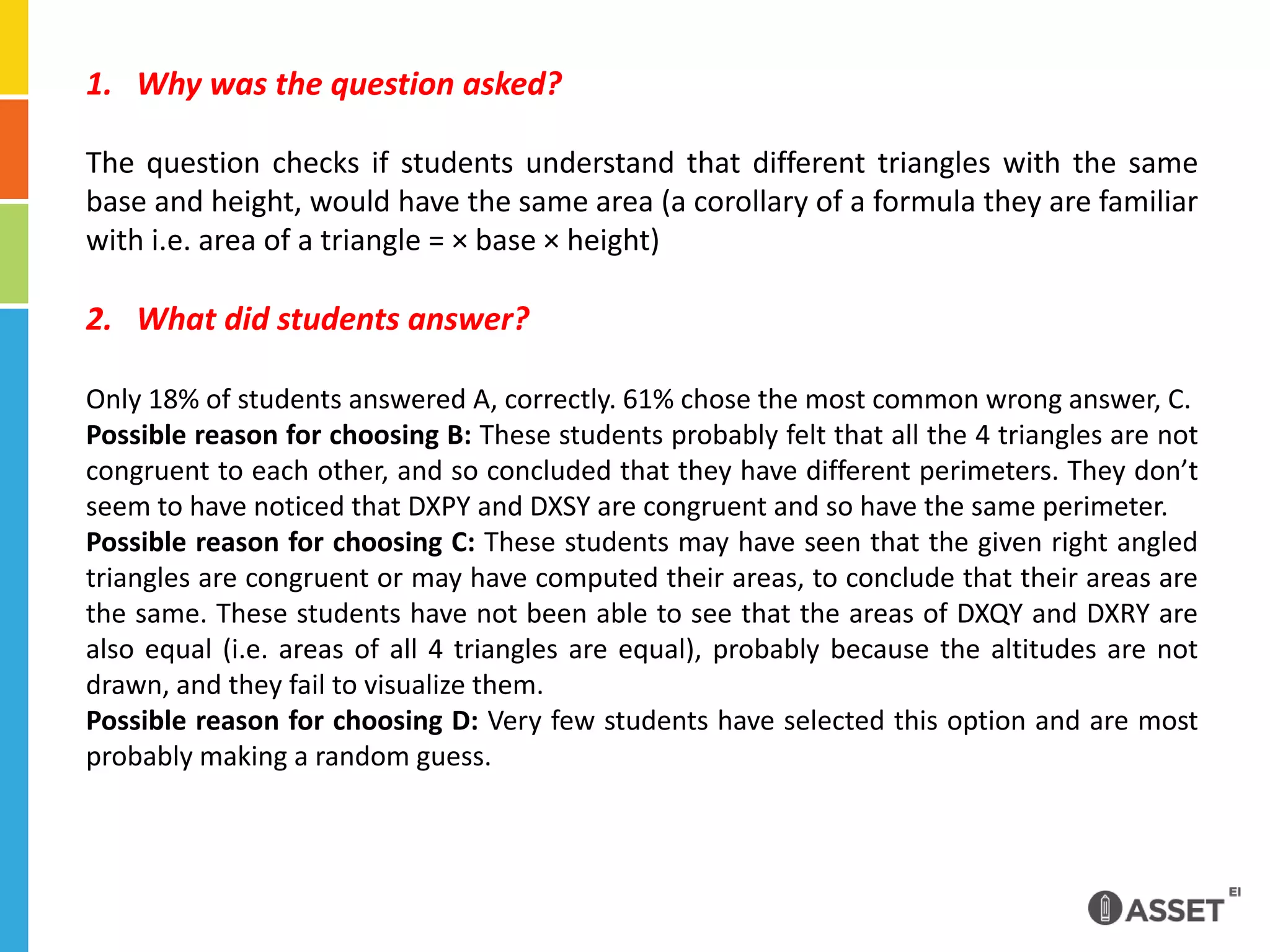 Why was the question asked?The question checks if students understand that different triangles with the same base and height, would have the same area (a corollary of a formula they are familiar with i.e. area of a triangle = × base × height)What did students answer?Only 18% of students answered A, correctly. 61% chose the most common wrong answer, C.Possible reason for choosing B: These students probably felt that all the 4 triangles are not congruent to each other, and so concluded that they have different perimeters. They don’t seem to have noticed that DXPY and DXSY are congruent and so have the same perimeter.Possible reason for choosing C: These students may have seen that the given right angled triangles are congruent or may have computed their areas, to conclude that their areas are the same. These students have not been able to see that the areas of DXQY and DXRY are also equal (i.e. areas of all 4 triangles are equal), probably because the altitudes are not drawn, and they fail to visualize them.Possible reason for choosing D: Very few students have selected this option and are most probably making a random guess.
