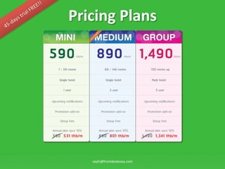 Pricing	
 ?Plans	
 ?




     sayhi@frontdeskeasy.com	
 ?
 