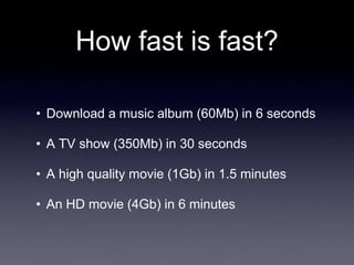 How fast is fast?

• Download a music album (60Mb) in 6 seconds

• A TV show (350Mb) in 30 seconds

• A high quality movie (1Gb) in 1.5 minutes

• An HD movie (4Gb) in 6 minutes
 