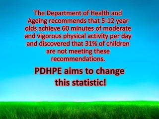 The Department of Health and
Ageing recommends that 5-12 year
olds achieve 60 minutes of moderate
and vigorous physical activity per day
and discovered that 31% of children
are not meeting these
recommendations.

PDHPE aims to change
this statistic!

 