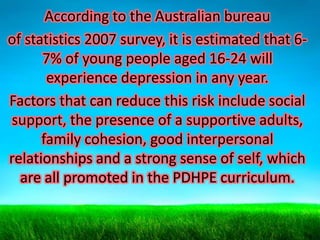 According to the Australian bureau
of statistics 2007 survey, it is estimated that 67% of young people aged 16-24 will
experience depression in any year.
Factors that can reduce this risk include social
support, the presence of a supportive adults,
family cohesion, good interpersonal
relationships and a strong sense of self, which
are all promoted in the PDHPE curriculum.

 