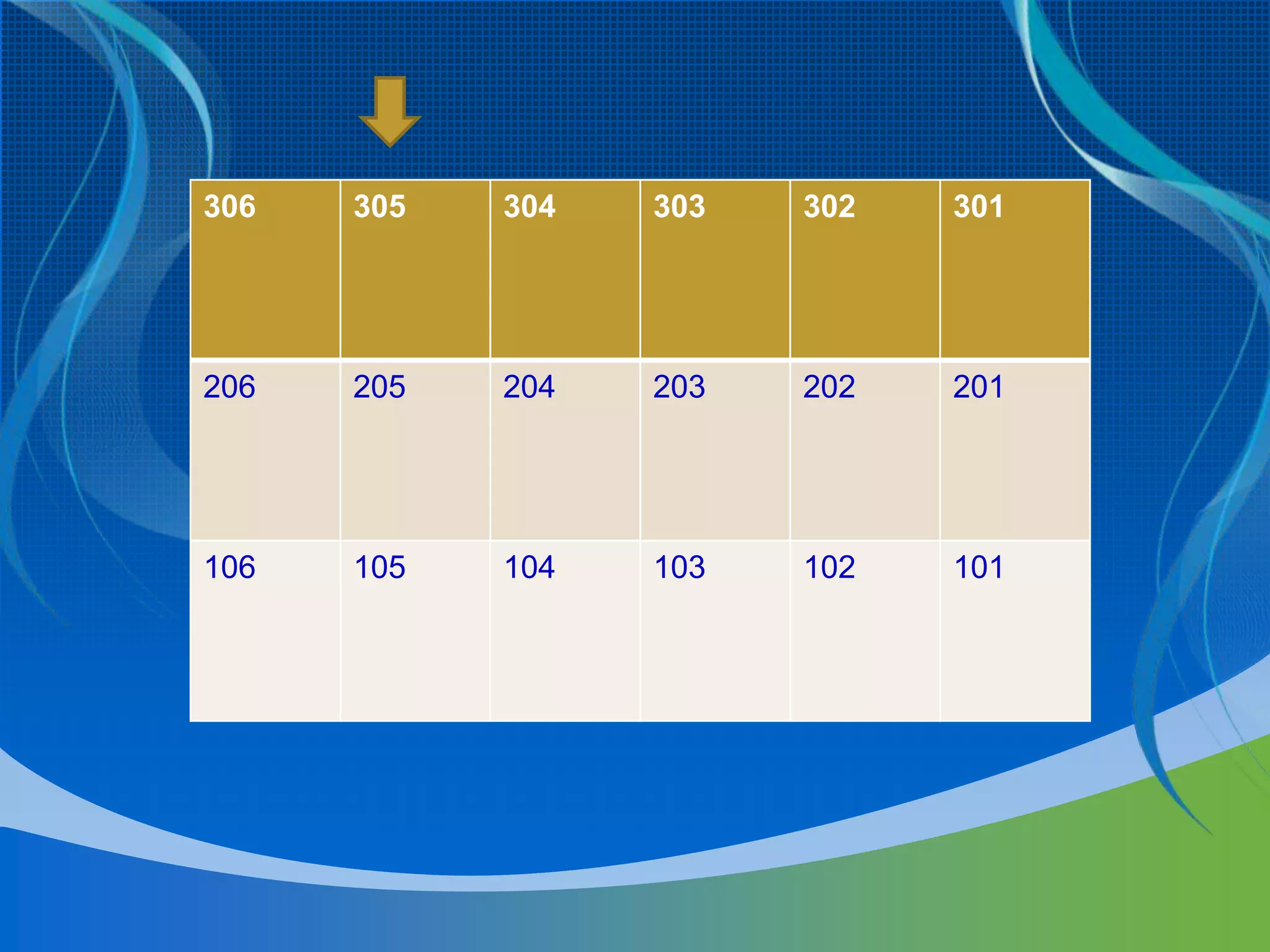 306

305

304

303

302

301

206

205

204

203

202

201

106

105

104

103

102

101

 