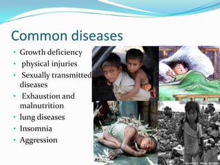 Common diseases
• Growth deficiency
• physical injuries

• Sexually transmitted
•

•
•
•

diseases
Exhaustion and
malnutrition
lung diseases
Insomnia
Aggression

 