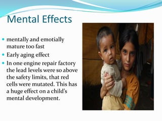 Mental Effects
 mentally and emotially

mature too fast
 Early aging effect
 In one engine repair factory
the lead levels were so above
the safety limits, that red
cells were mutated. This has
a huge effect on a child’s
mental development.

 