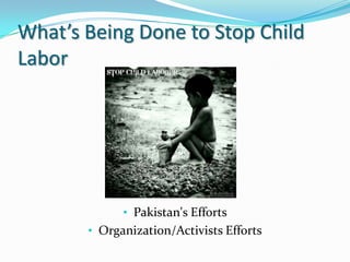 What’s Being Done to Stop Child
Labor

• Pakistan's Efforts
• Organization/Activists Efforts

 