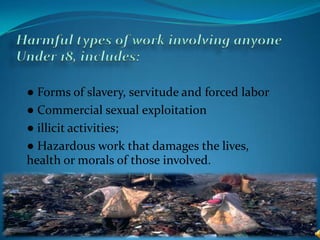 ● Forms of slavery, servitude and forced labor
● Commercial sexual exploitation
● illicit activities;
● Hazardous work that damages the lives,
health or morals of those involved.

 