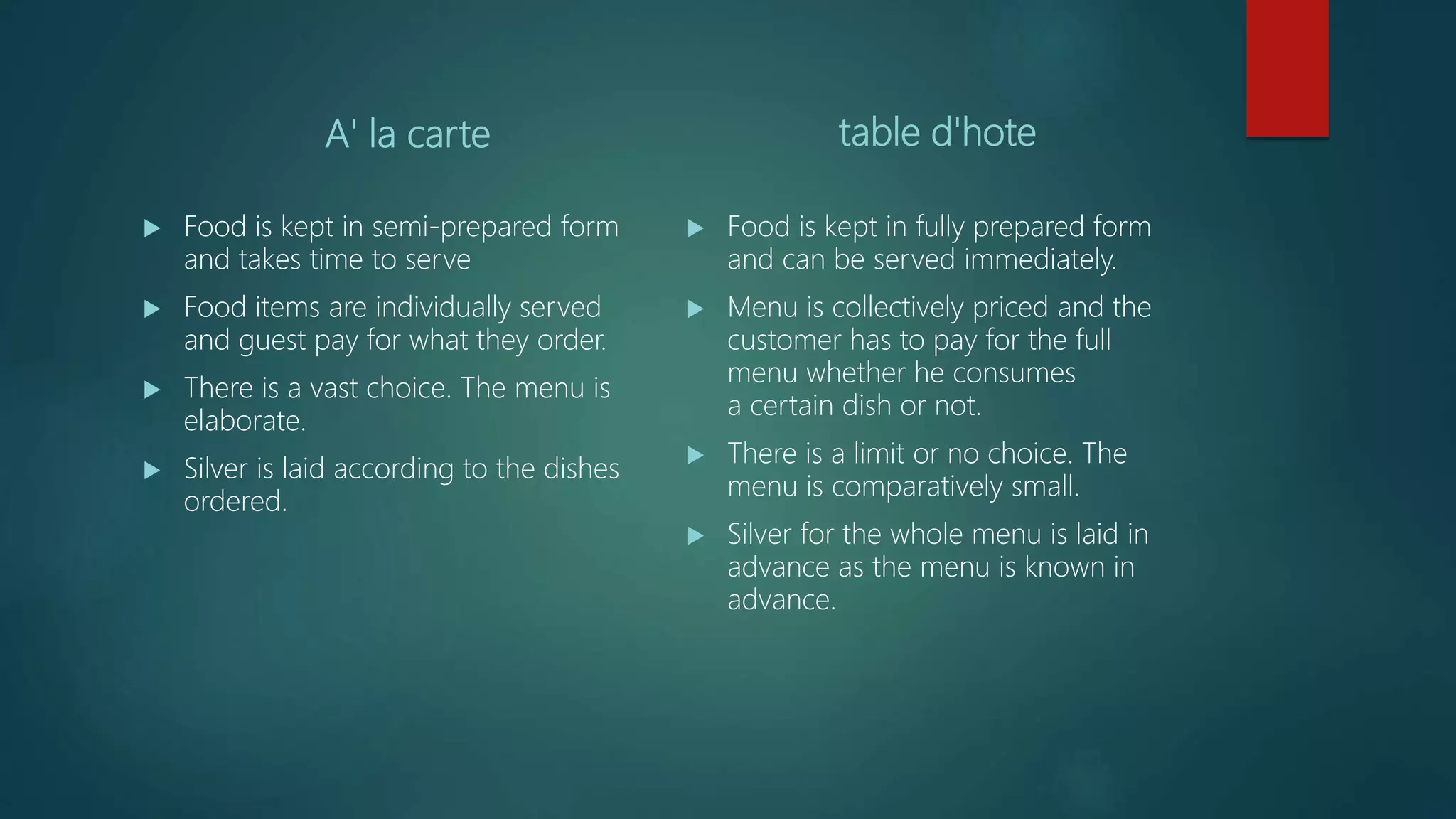 Difference Between Ala carte menu & Table d'hote menu PPT