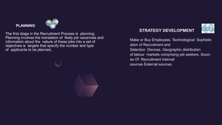 PLANNING
The first stage in the Recruitment Process is planning.
Planning involves the translation of likely job vacancies and
information about the nature of these jobs into a set of
objectives is targets that specify the number and type
of applicants to be planned..
STRATEGY DEVELOPMENT
Make or Buy Employees. Technological Sophistic
ation of Recruitment and
Selection Devices. Geographic distribution
of labour markets comprising job seekers. Sourc
es Of Recruitment Internal
sources External sources.
 