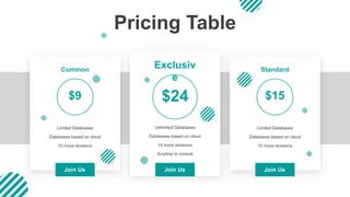 Pricing Table
Standard
Exclusiv
e
Common
$15
$24
$9
Unlimited Databases
Databases based on cloud
10 more revisions
Anytime to consult
Limited Databases
Databases based on cloud
10 more revisions
Limited Databases
Databases based on cloud
10 more revisions
Join Us
Join Us
Join Us
 